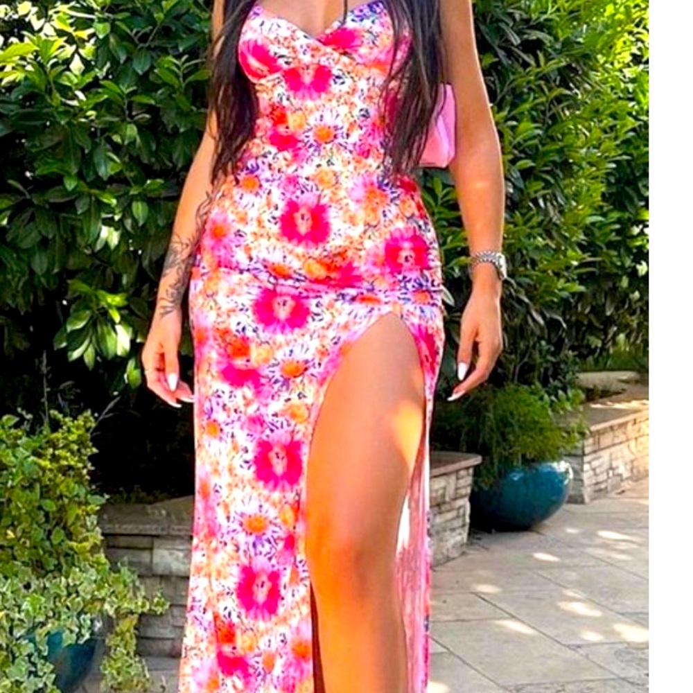 New!! Pink Floral print high split summer dress! Sizes S-XL